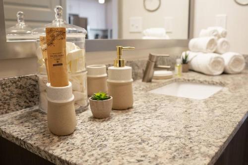 a bathroom counter with soap dispensers and a sink at Modern and Spacious King Size Retreat in Concord