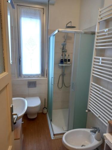 a bathroom with a shower and a toilet and a sink at Ossola Bella la tua casa in Domodossola