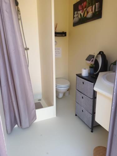 uma casa de banho com um WC, um lavatório e um chuveiro em Git'an Périgord la Bonne aventure em Groléjac