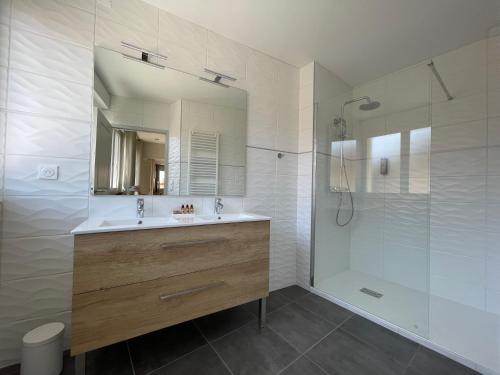ein Bad mit einem Waschbecken und einer Dusche in der Unterkunft YVES SAINT LAURENT/ COCO CHANEL in Albi