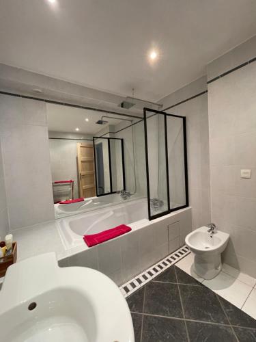 La salle de bains est pourvue d'une baignoire, de toilettes et d'un lavabo. dans l'établissement Appartement au calme avec terrasse verdoyante entre Annecy et Genève, à Villy-le-Pelloux