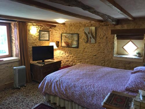 une chambre avec un lit et une télévision dans l'établissement Chambres d'hotes Les Coustilles, à Saint-Alvère