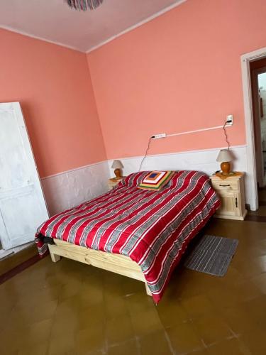 sypialnia z łóżkiem z paskowym kocem w obiekcie Alojamiento en La Falda - MSL w mieście La Falda