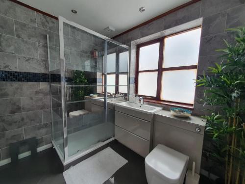ein Bad mit einer Dusche, einem Waschbecken und einem WC in der Unterkunft Large Cosy Room to Stay in South Reading in Shinfield