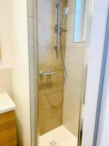 une douche avec une porte vitrée dans une salle de bain dans l'établissement Appartement plein centre, à Paray-le-Monial