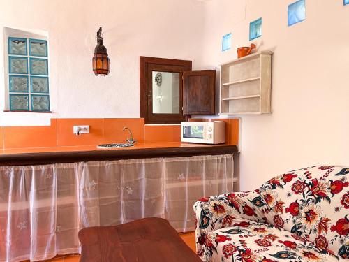 ein Wohnzimmer mit einem Sofa und einer Mikrowelle in der Unterkunft La Casita de Los Alambiques in Chiclana de la Frontera