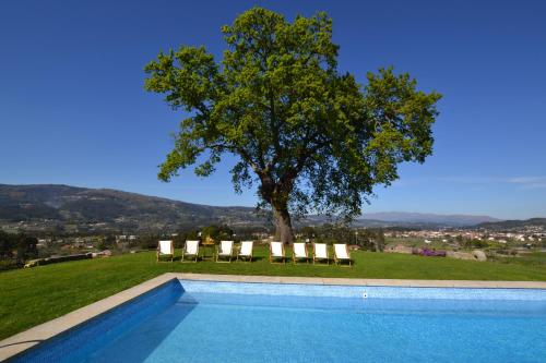 a swimming pool with chairs and a tree at Casa de Cartemil in Ponte de Lima