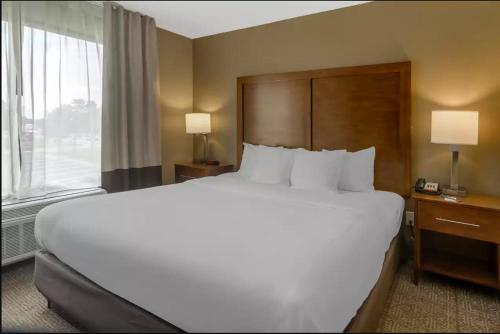 a large white bed in a hotel room with a window at Comfort Inn & Suites Peachtree Corners in Norcross