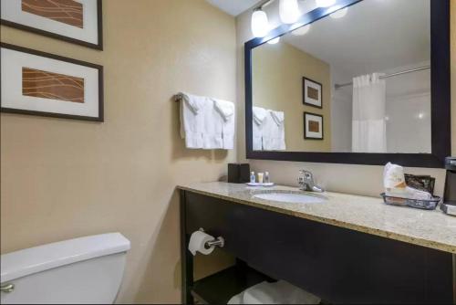 a bathroom with a sink and a toilet and a mirror at Comfort Inn & Suites Peachtree Corners in Norcross
