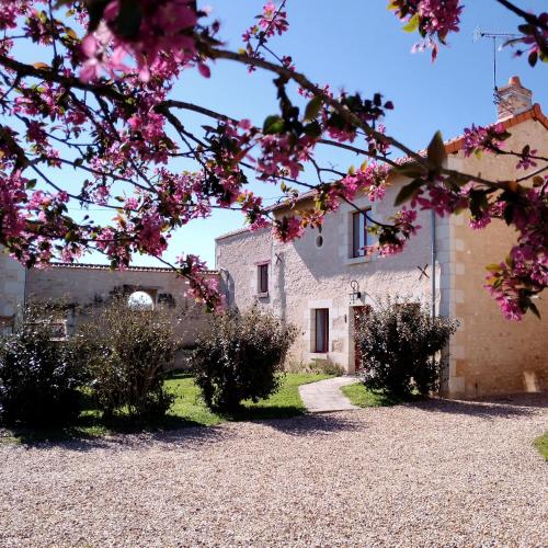 un edificio de piedra con flores rosas delante de él en Au repos des elfes, en Braye-sous-Faye