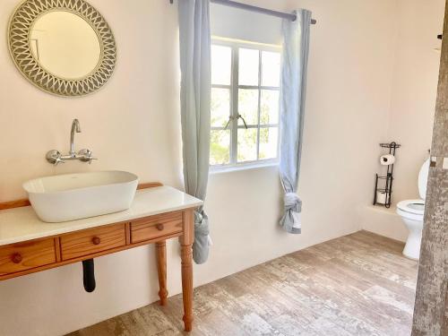 ein Bad mit einem Waschbecken und einem Spiegel in der Unterkunft Bellevue Berg Cottage in Bergville