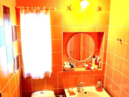 a bathroom with a sink and a mirror and a toilet at Ύδρα ivY in Hydra