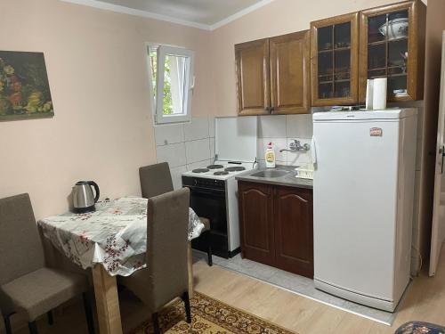 uma pequena cozinha com um frigorífico branco e uma mesa em Apartment Lazar & Marco em Podgorica