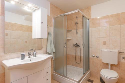 uma casa de banho com um chuveiro, um lavatório e um WC. em Michael's House em Vela Luka