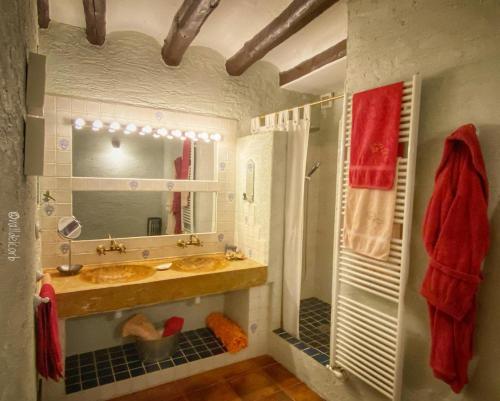 een badkamer met een wastafel, een douche en een spiegel bij La Festa dels Sentits in Sant Martí de Maldá