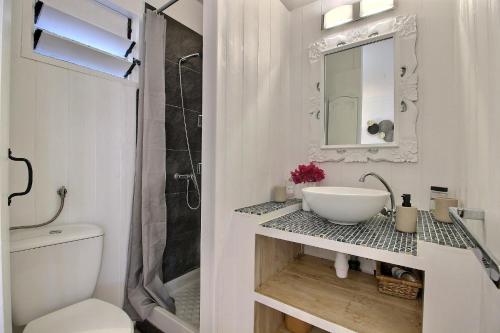 La salle de bains est pourvue d'un lavabo, de toilettes et d'un miroir. dans l'établissement Ty Paradis Magnifique Lodge pour un couple, à Sainte-Anne