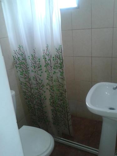 y baño con cortina de ducha, aseo y lavamanos. en Departamento Costa del Uruguay en Colón