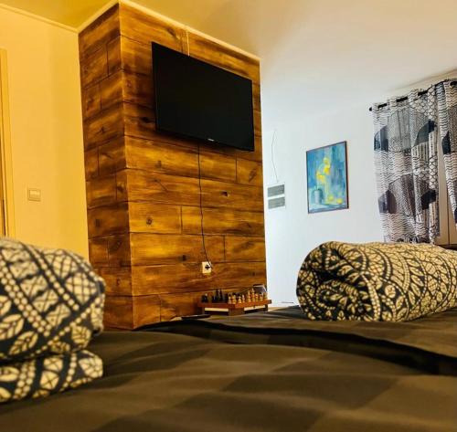 um quarto com 2 camas e uma televisão de ecrã plano em Apartment Buga Bilje em Bilje