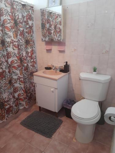 y baño con aseo y lavamanos. en Cozy Apartment across the San Juan Airport en San Juan