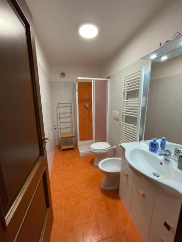 a bathroom with a toilet and a sink and a shower at MONOLOCALE PIAZZA FONTANA GRANDE ALLOGGIO TURISTICO in Viterbo
