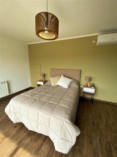 a bedroom with a large bed and a lamp at Chalet Premium en Villa Privada "Casa Bonita" in San Rafael