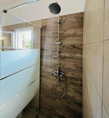 eine Dusche im Bad mit einer Holzwand in der Unterkunft Abuelo Apartment in Artemida