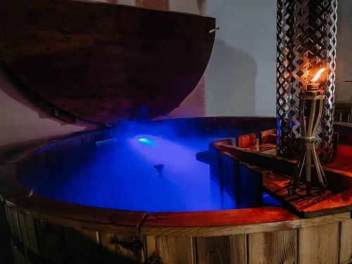 bañera de hidromasaje con agua azul en una habitación en Bird’s Home, en Aveiro