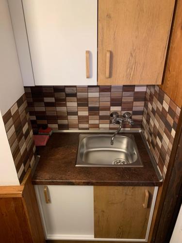 a kitchen with a sink in a small room at Chata Jezevec in Hojsova Stráž