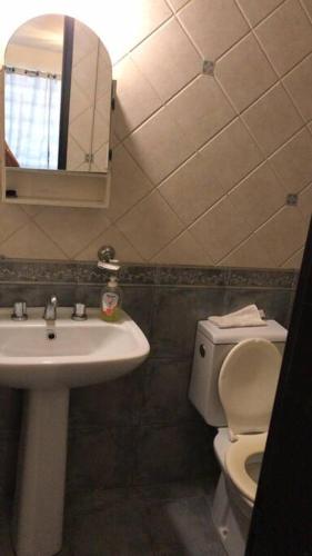a bathroom with a sink and a toilet and a mirror at Mono corrientes in Santa Fe