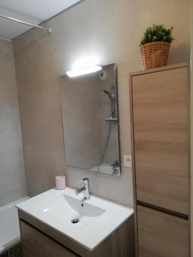 une salle de bain avec un lavabo et un miroir dans l'établissement Vie de famille, à Sainte-Cécile-Plage