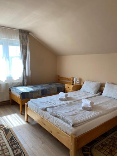 a bedroom with two beds and a window at Pensiunea Roșu in Orăştie