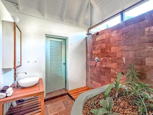 a bathroom with a shower and a sink and a toilet at 473 Grenada Boutique Resort in Saint Georgeʼs
