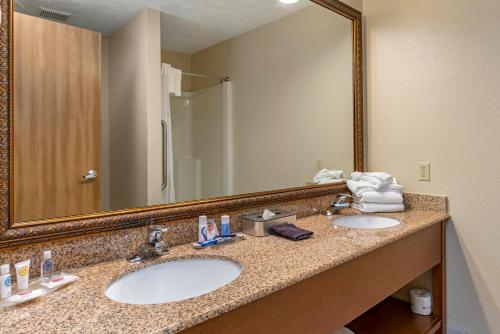 a bathroom with two sinks and a large mirror at Comfort Suites Salem in Salem