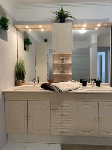 une salle de bain avec un lavabo et un grand miroir dans l'établissement Appartement, à Flayosc