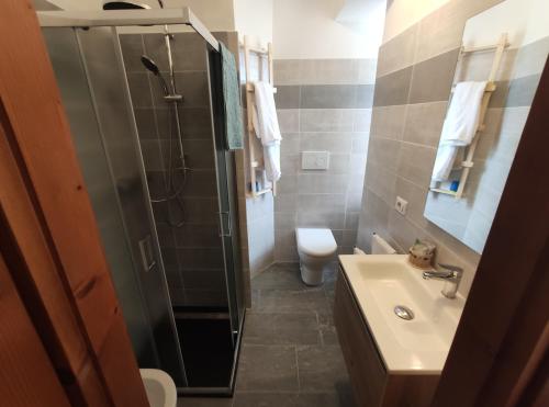 La salle de bains est pourvue d'une douche, d'un lavabo et de toilettes. dans l'établissement Agriturismo Ribuntà, à Caiolo