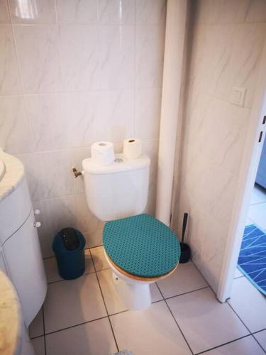 La salle de bains est pourvue de toilettes et de 2 rouleaux de papier toilette. dans l'établissement Apt t2/4 pers/ rez de jardin\pinède\piscine, au Cap d'Agde