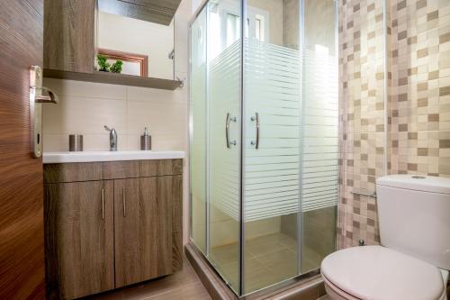 a bathroom with a shower and a toilet and a sink at Spartacus Apartment in Alexandroupoli