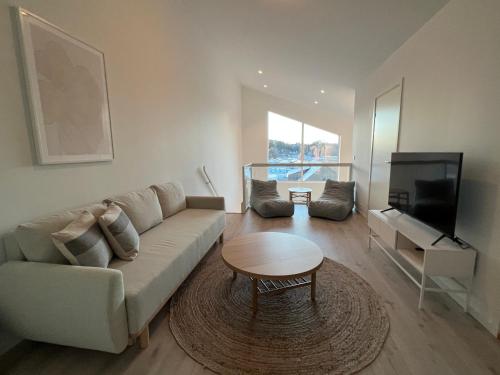 a living room with a couch and a table and a tv at Ferie bolig på Sørlandet in Kristiansand