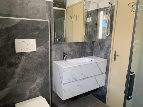 海上米蘭的住宿－Hotel Helvetia，一间带水槽和镜子的浴室