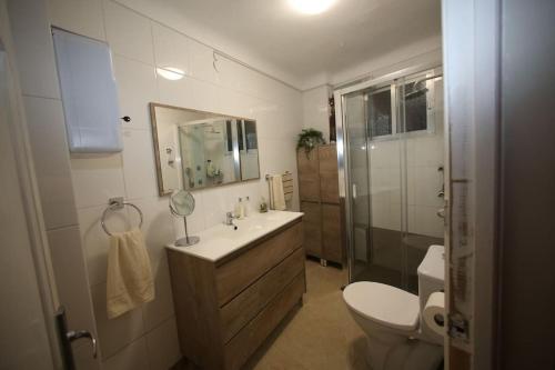 a bathroom with a sink and a toilet and a shower at Casa de las Campanans in Iznájar