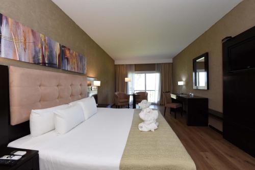 a hotel room with a white teddy bear sitting on a bed at Howard Johnson Resort & Convention Center Ezeiza in Ezeiza