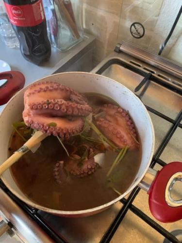 a pot of soup with a sandwich in it at Dar Dragun: luxury 3BR bright spacious house & pool in San Lawrenz