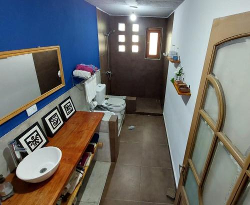 a bathroom with a sink and a toilet in it at Cuestas Del Búho Casa Serrana in Agua de Oro
