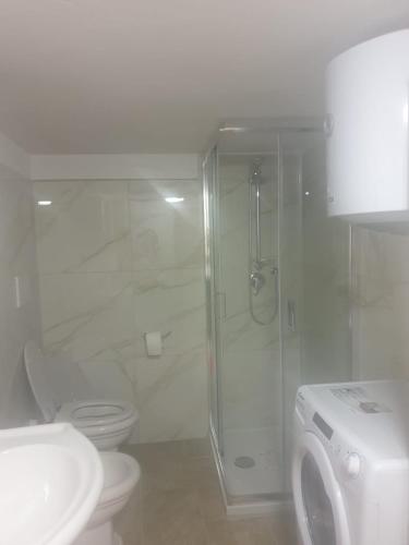 La salle de bains est pourvue de toilettes et d'une douche en verre. dans l'établissement La casetta del bosco, à Marta