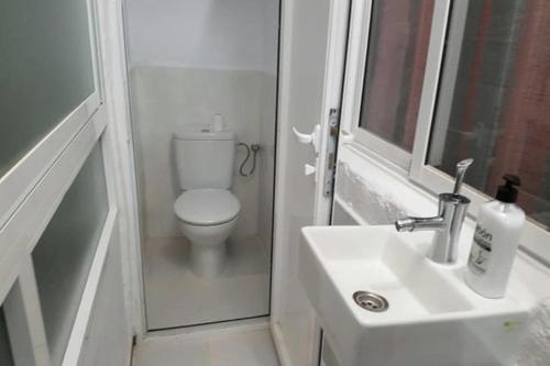 a bathroom with a white toilet and a sink at MARINA ROOMS in Alicante