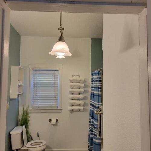 a bathroom with a toilet and a window and a light at Central 1 Bd in Fountain Square- Walk 5 Min to Downtown in Indianapolis