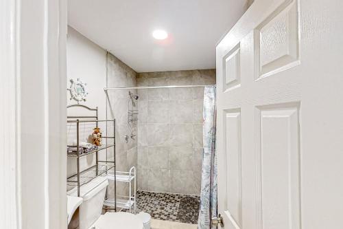 a bathroom with a shower and a toilet at Blue Lagoon in Tampa