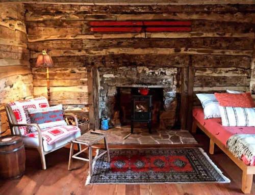 a log cabin with a bed and a fireplace at Historic 1850's Cosmic Cabin 