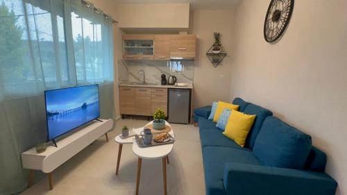 un soggiorno con divano blu e TV di Veni's Apartments a Potos