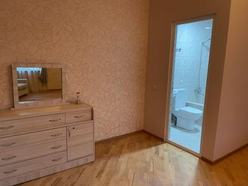 a bathroom with a sink and a toilet and a mirror at Sisi Guest House in Kutaisi